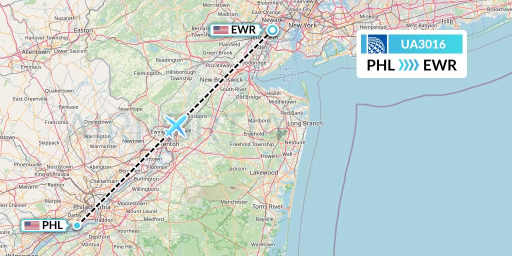 UA3016 United Airlines Flight Map: Philadelphia to New York