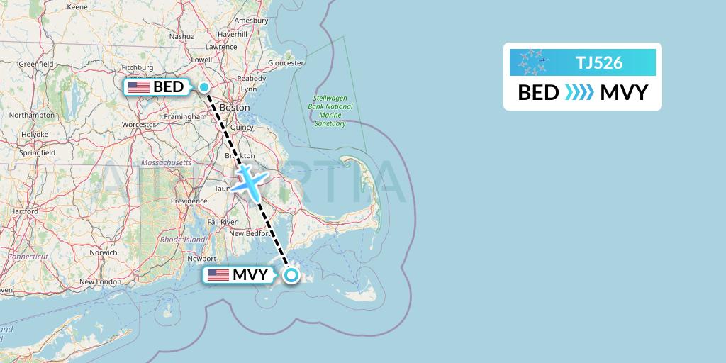 TJ526 Tradewind Aviation Flight Map: Bedford to Martha's Vineyard
