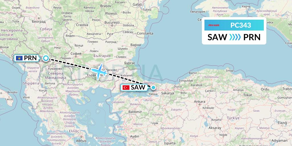 PC343 Pegasus Airlines Flight Map: Istanbul to Pristina