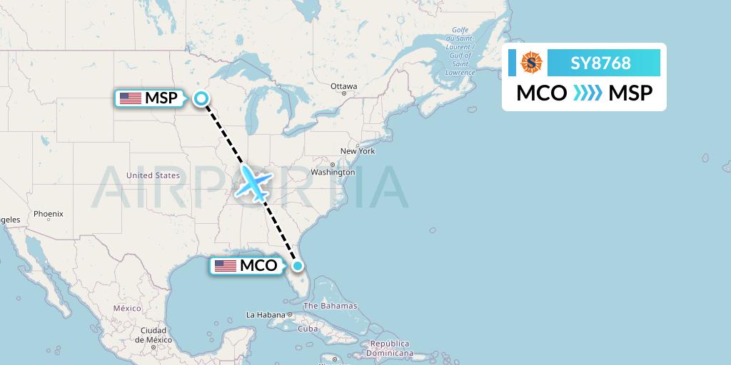 SY8768 Sun Country Airlines Flight Map: Orlando to Minneapolis