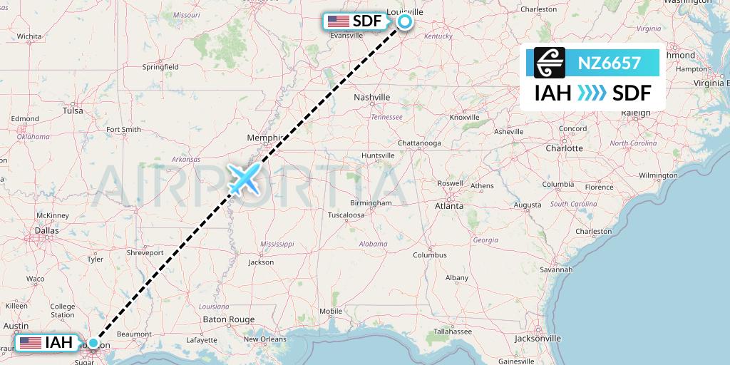 NZ6657 Air New Zealand Flight Map: Houston to Louisville