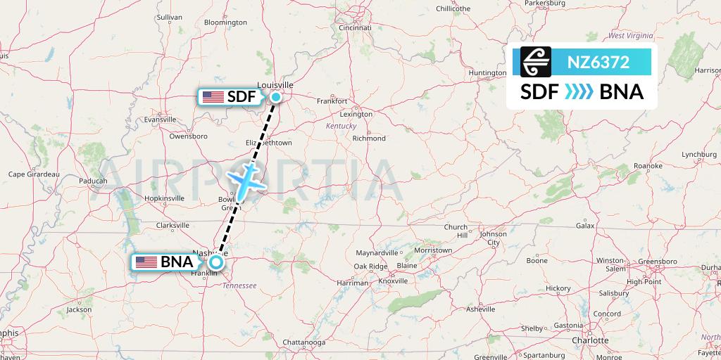 NZ6372 Air New Zealand Flight Map: Louisville to Nashville