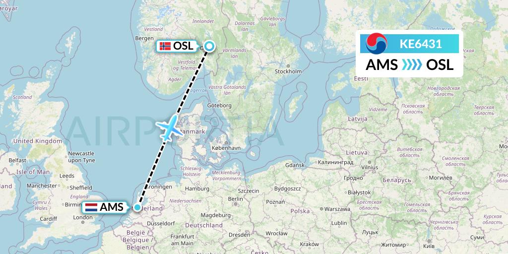 KE6431 Korean Air Flight Map: Amsterdam to Oslo