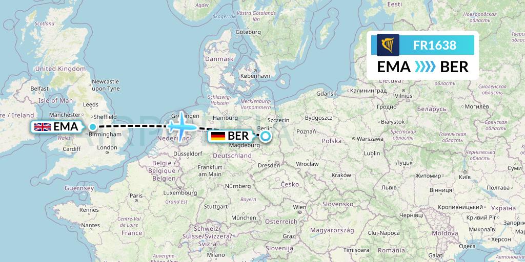 FR1638 Ryanair Flight Map: East Midlands to Berlin