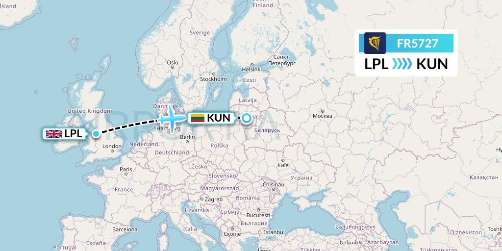 FR5727 Ryanair Flight Map: Liverpool to Kaunas