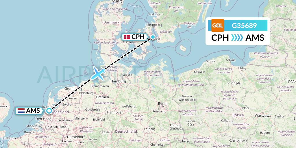 G35689 GOL Transportes Aeros Flight Map: Copenhagen to Amsterdam