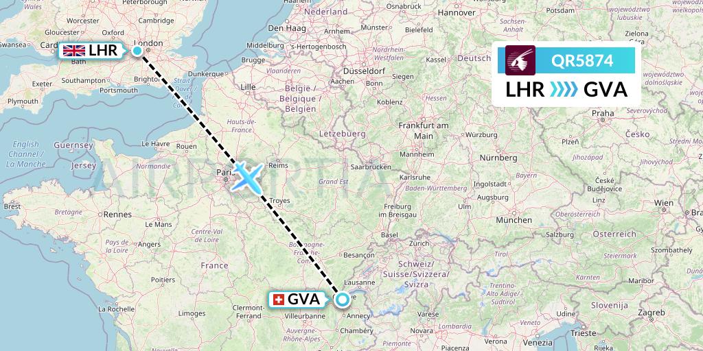 QR5874 Qatar Airways Flight Map: London to Geneva