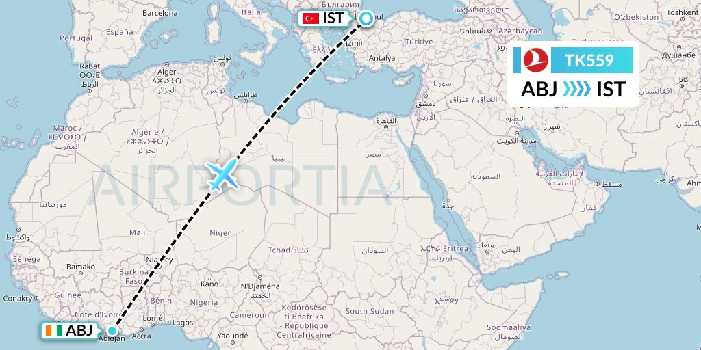 TK559 Turkish Airlines Flight Map: Abidjan to Istanbul