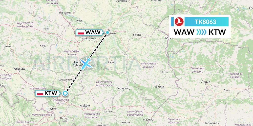TK8063 Turkish Airlines Flight Map: Warsaw to Katowice