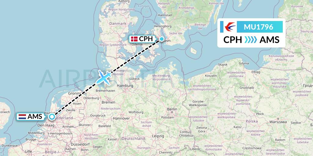 MU1796 China Eastern Airlines Flight Map: Copenhagen to Amsterdam