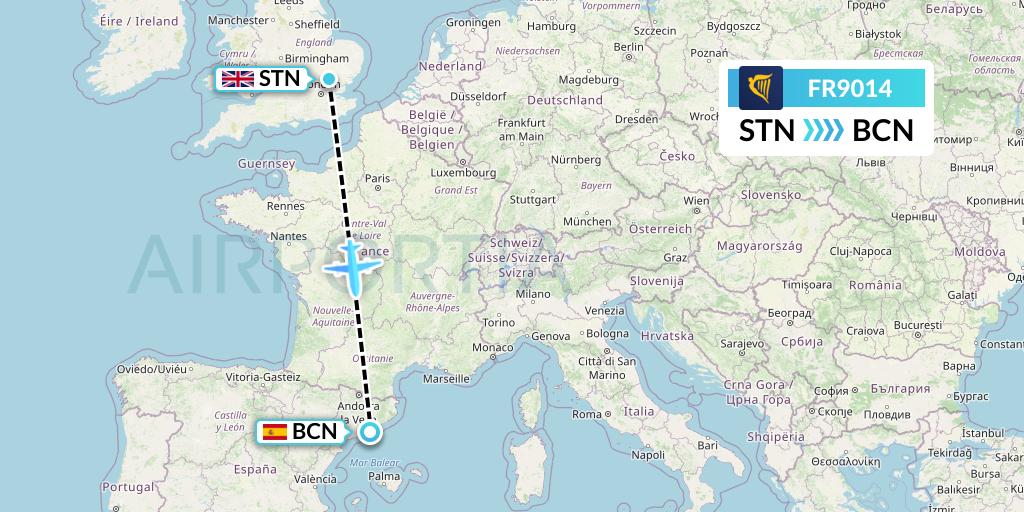 FR9014 Ryanair Flight Map: London to Barcelona