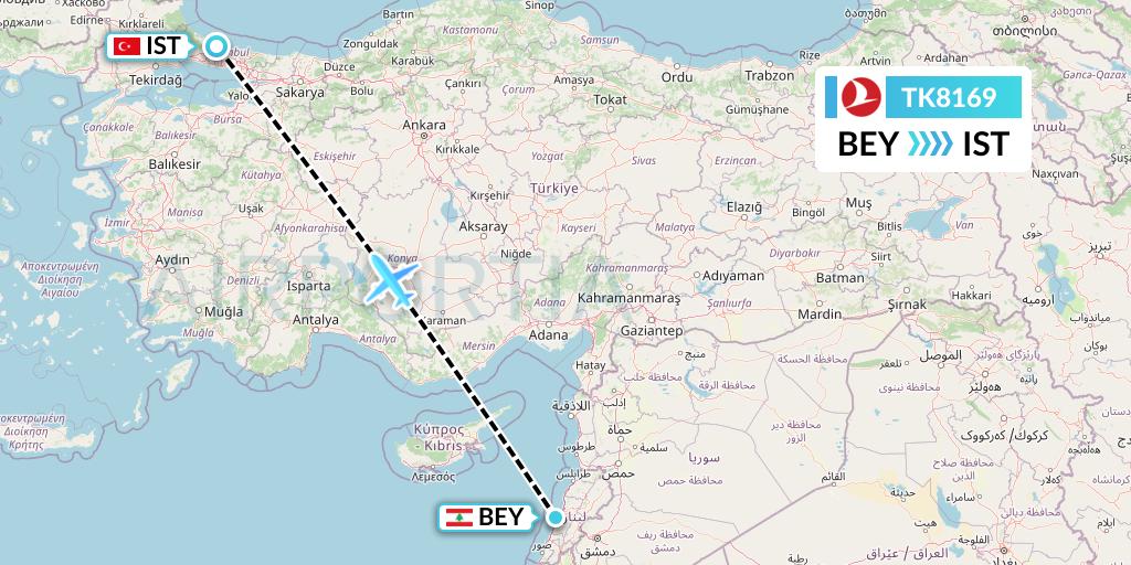 TK8169 Turkish Airlines Flight Map: Beirut to Istanbul