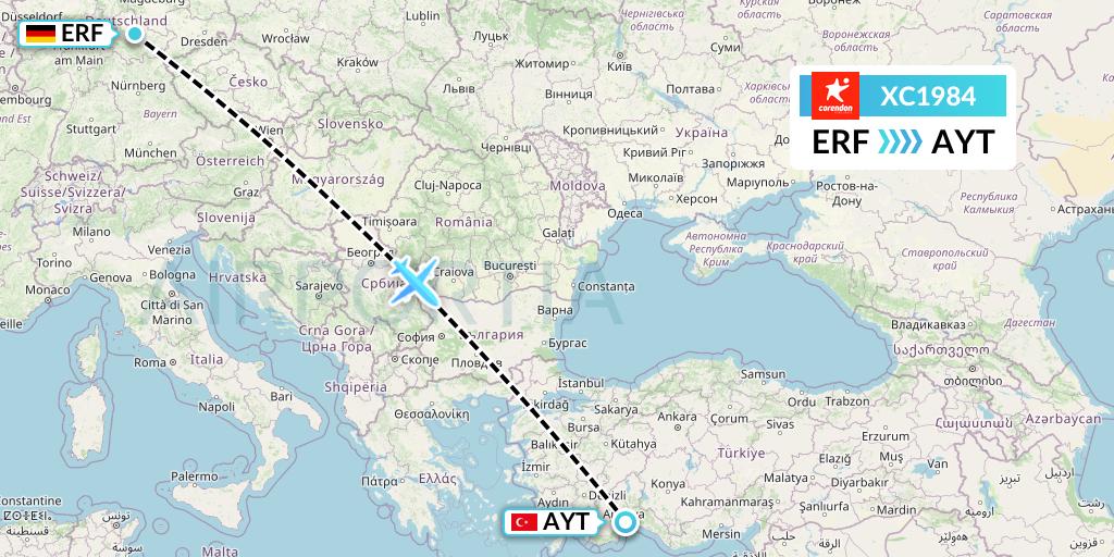 XC1984 Corendon Airlines Flight Map: Erfurt to Antalya