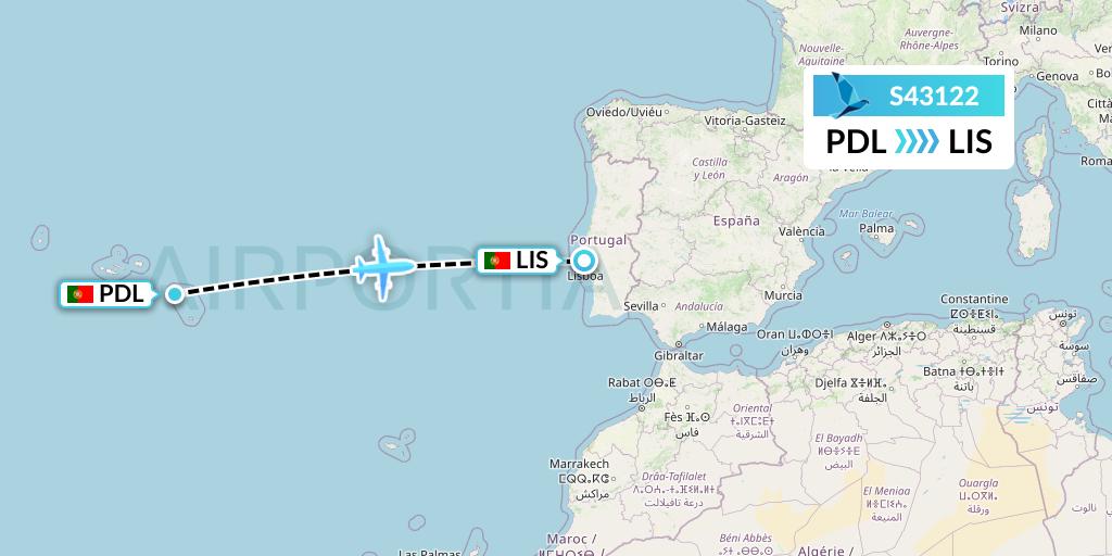 S43122 Azores Airlines Flight Map: Ponta Delgada to Lisbon