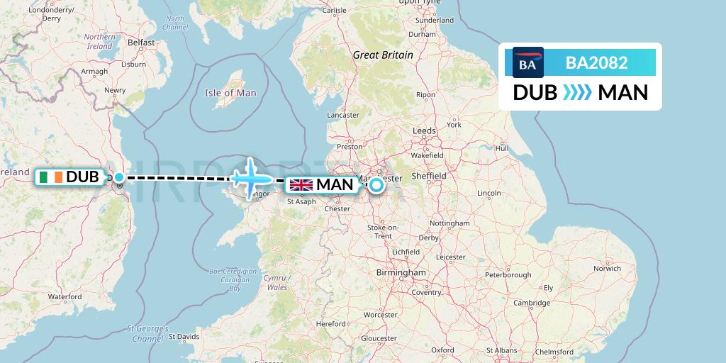 BA2082 British Airways Flight Map: Dublin to Manchester
