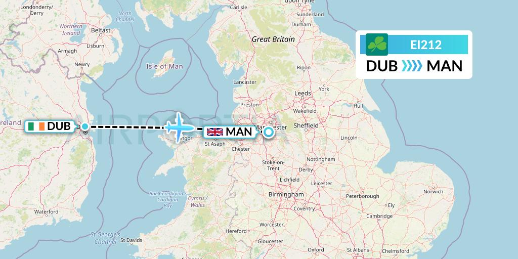 EI212 Aer Lingus Flight Map: Dublin to Manchester