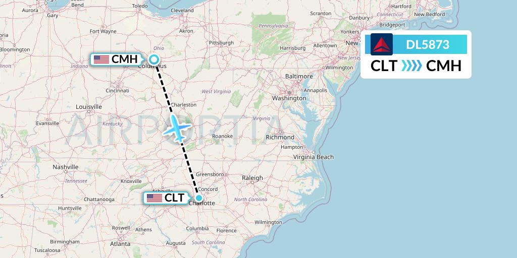 DL5873 Delta Air Lines Flight Map: Charlotte to Columbus