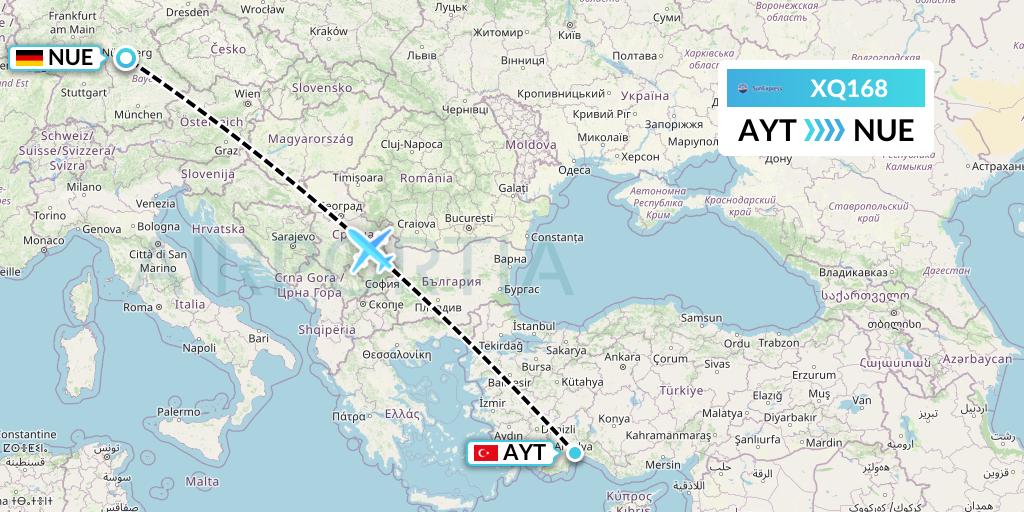 XQ168 SunExpress Flight Map: Antalya to Nurnberg