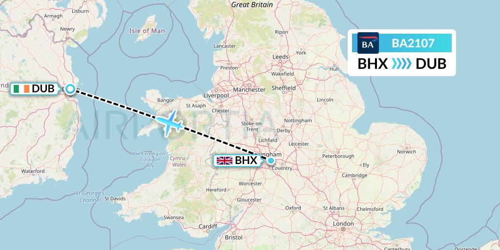 BA2107 British Airways Flight Map: Birmingham to Dublin