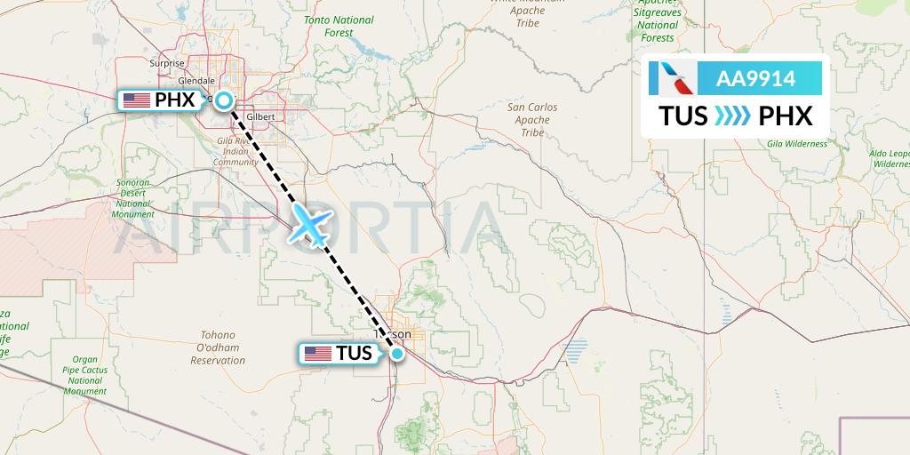 AA9914 American Airlines Flight Map: Tucson to Phoenix