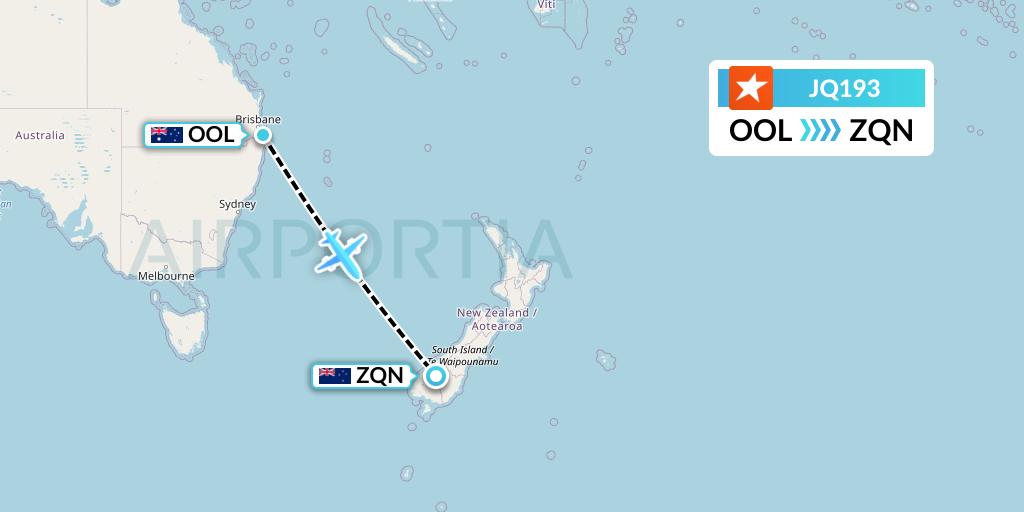 JQ193 Jetstar Airways Flight Map: Gold Coast to Queenstown