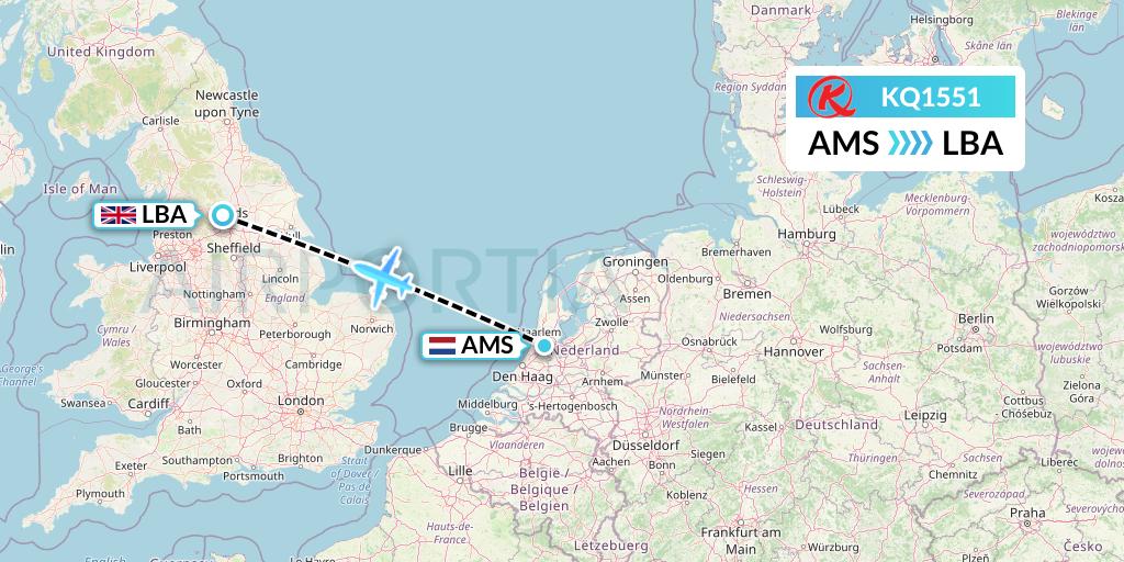 KQ1551 Kenya Airways Flight Map: Amsterdam to Leeds