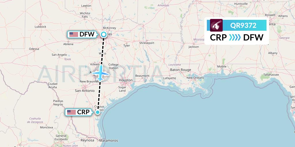 QR9372 Qatar Airways Flight Map: Corpus Christi to Dallas