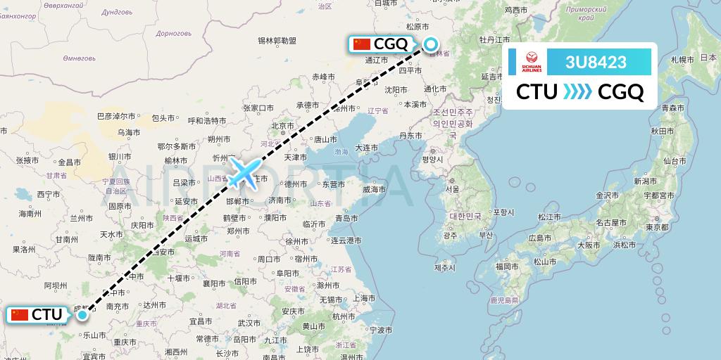 3U8423 Sichuan Airlines Flight Map: Chengdu to Changchun