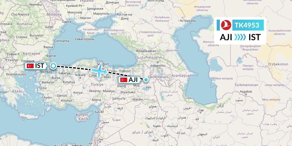 TK4953 Turkish Airlines Flight Map: Agri to Istanbul