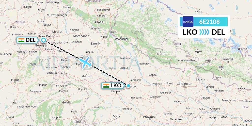 6E2108 IndiGo Airlines Flight Map: Lucknow to Delhi