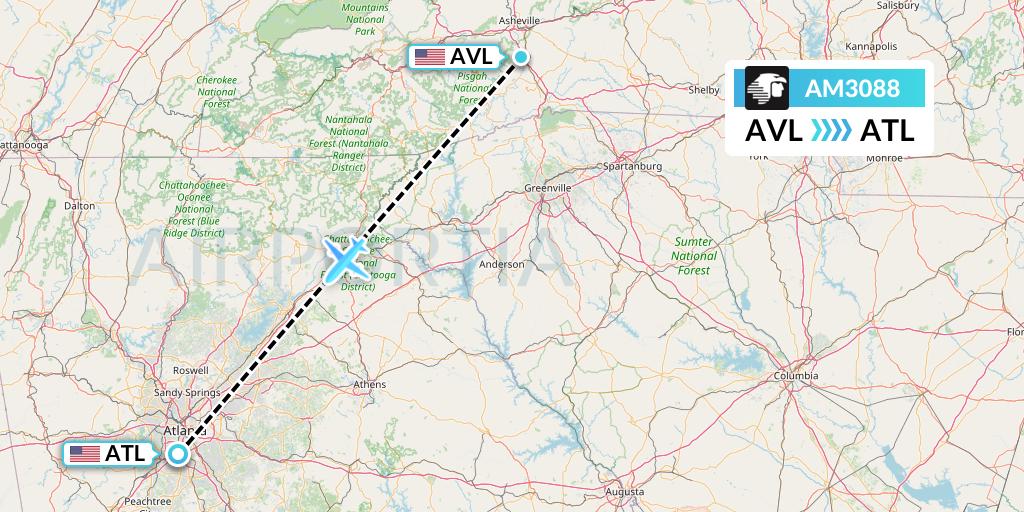 AM3088 Aeromexico Flight Map: Asheville to Atlanta