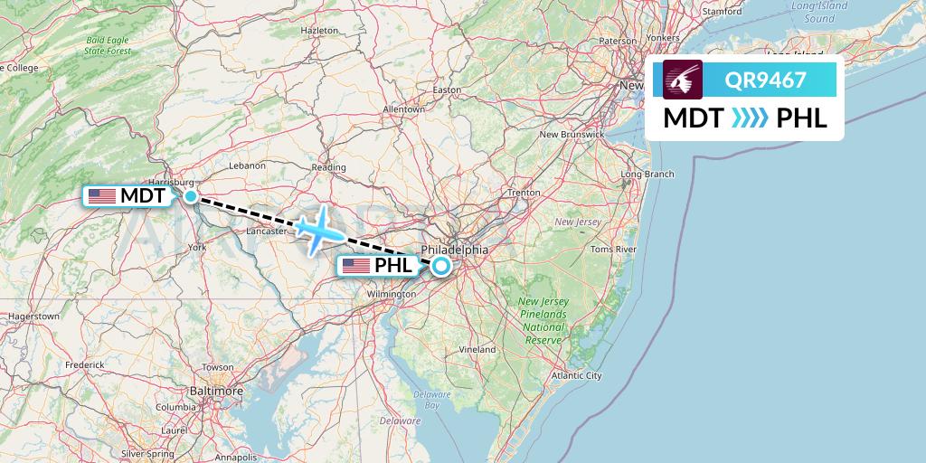 QR9467 Qatar Airways Flight Map: Harrisburg to Philadelphia
