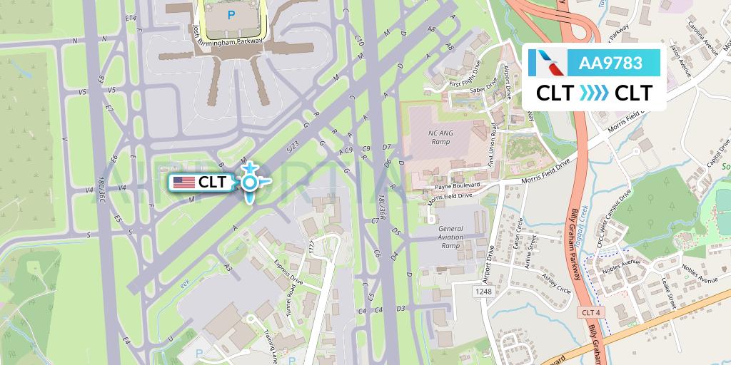 AA9783 American Airlines Flight Map: Charlotte to Charlotte
