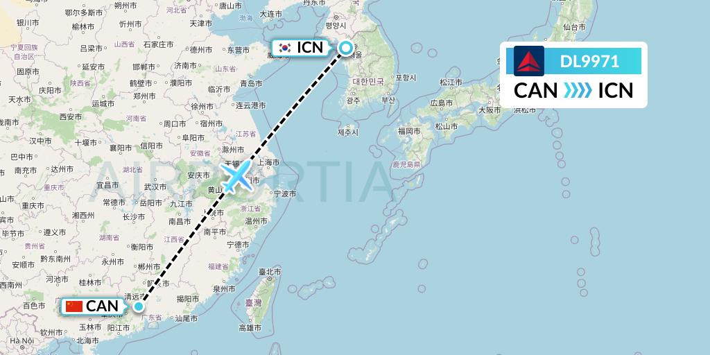 DL9971 Delta Air Lines Flight Map: Guangzhou to Seoul