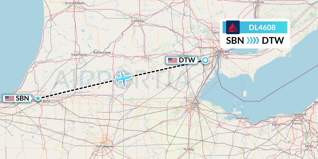 DL4608 Delta Air Lines Flight Map: South Bend to Detroit