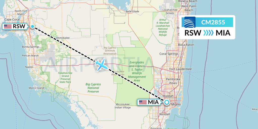 CM2855 Copa Airlines Flight Map: Fort Myers to Miami