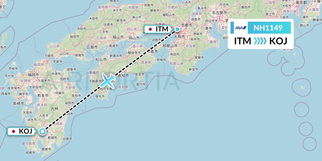 NH1149 All Nippon Airways Flight Map: Osaka to Kagoshima