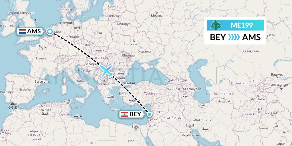 ME199 MEA Flight Map: Beirut to Amsterdam