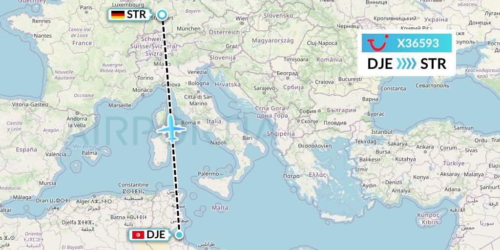 X36593 TUI fly Germany Flight Map: Djerba to Stuttgart