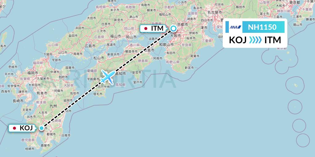 NH1150 All Nippon Airways Flight Map: Kagoshima to Osaka