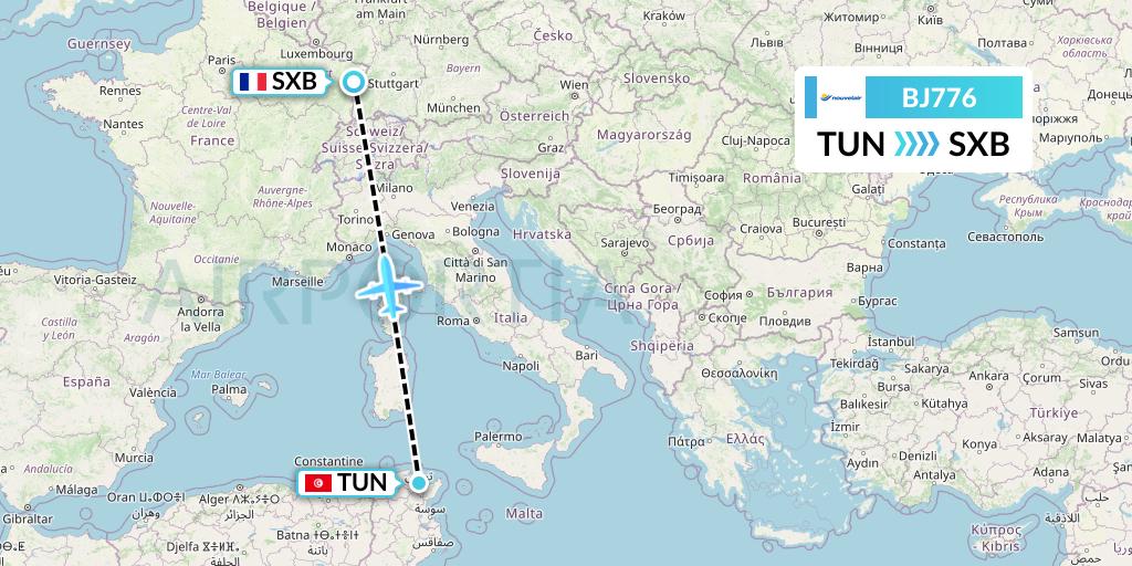 BJ776 Nouvelair Tunisie Flight Map: Tunis to Strasbourg