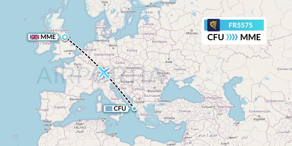 FR5575 Ryanair Flight Map: Corfu to Darlington
