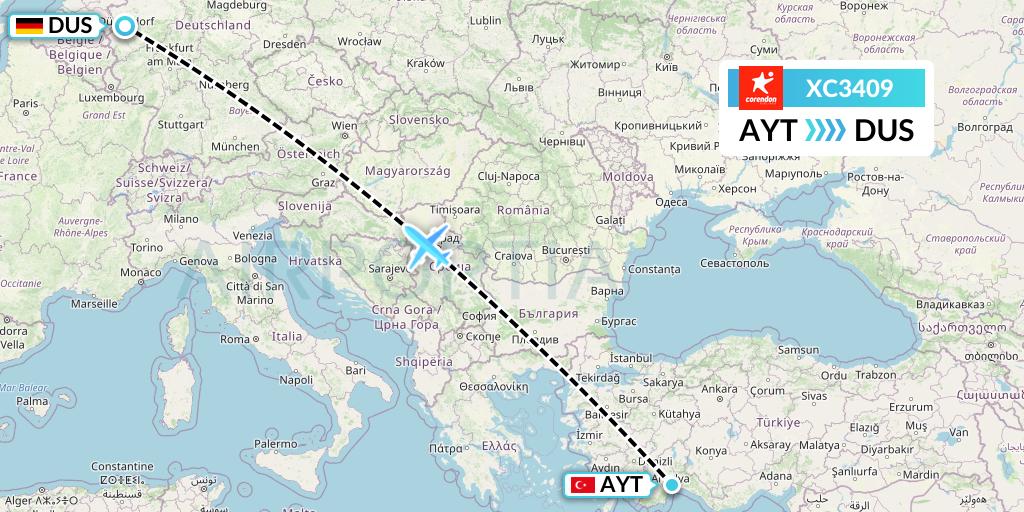 XC3409 Corendon Airlines Flight Map: Antalya to Dusseldorf