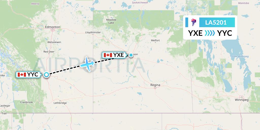 LA5201 LAN Airlines Flight Map: Saskatoon to Calgary