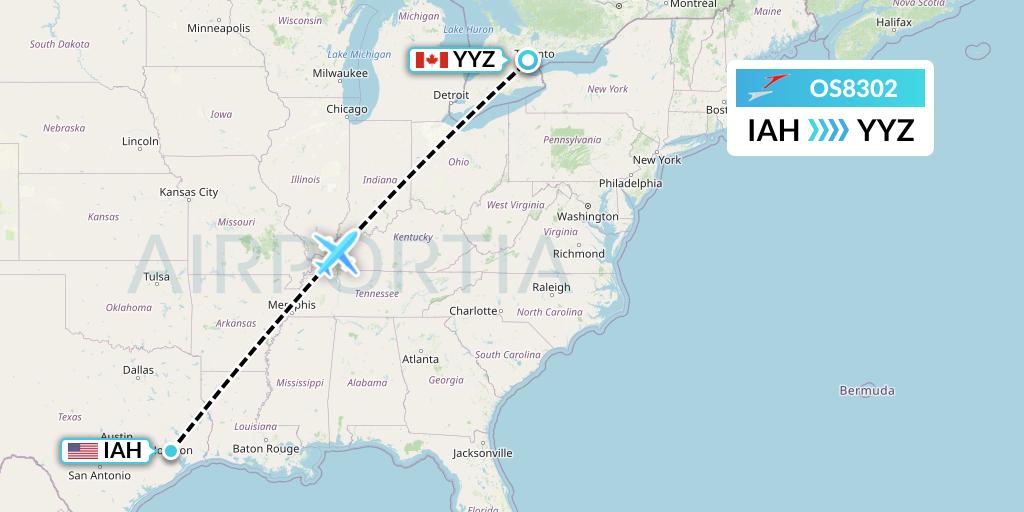 OS8302 Austrian Airlines Flight Map: Houston to Toronto