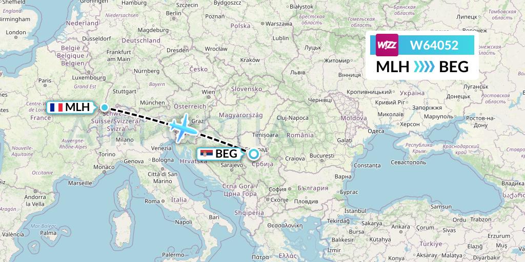 W64052 Wizz Air Flight Map: Basel Mulhouse Freiburg to Belgrade