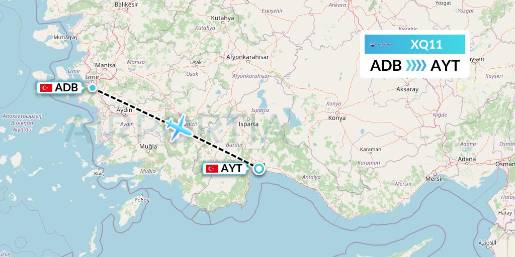 XQ11 SunExpress Flight Map: Izmir to Antalya