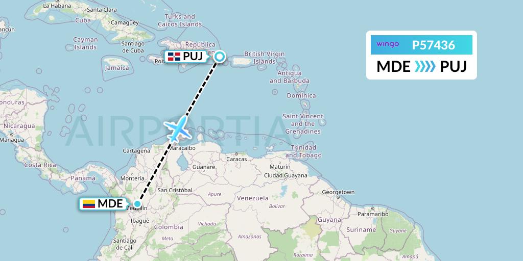P57436 Copa Airlines Colombia Flight Map: Medellin to Punta Cana