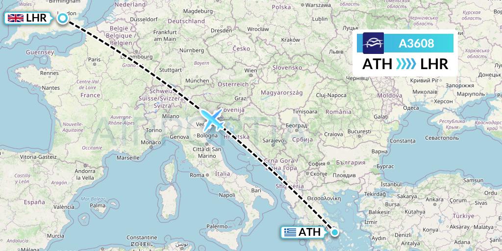 A3608 Aegean Airlines Flight Map: Athens to London