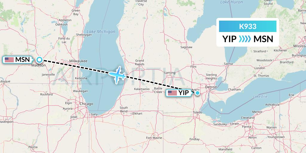 K933 Kalitta Charters Flight Map: Detroit to Madison